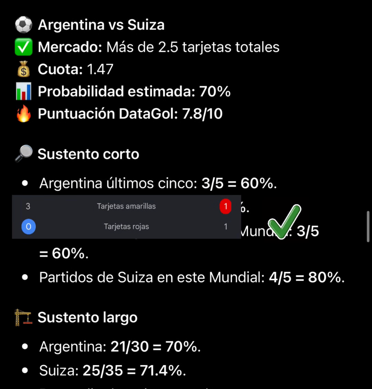 Pick Argentina vs Suiza — Más de 2.5 tarjetas